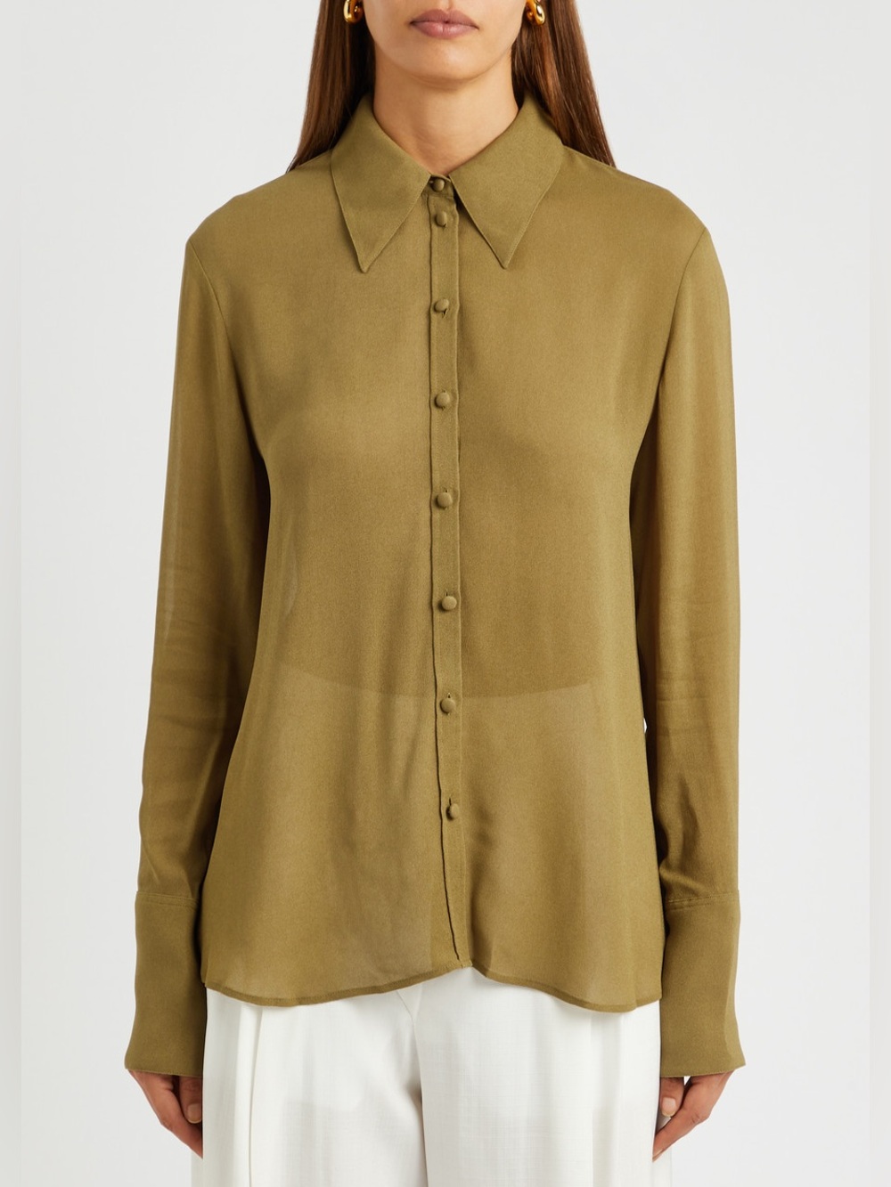 NWT [Tory Burch] Cuffed Viscose Button-Up Long-Sleeve Shirt Ash Green Women’s 4 - Picture 8 of 16